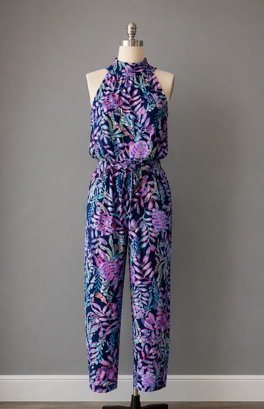 Lilly Pulitzer NWT Navy Tropical Print Jumpsuit Halter Sleeveless Sz S Resort